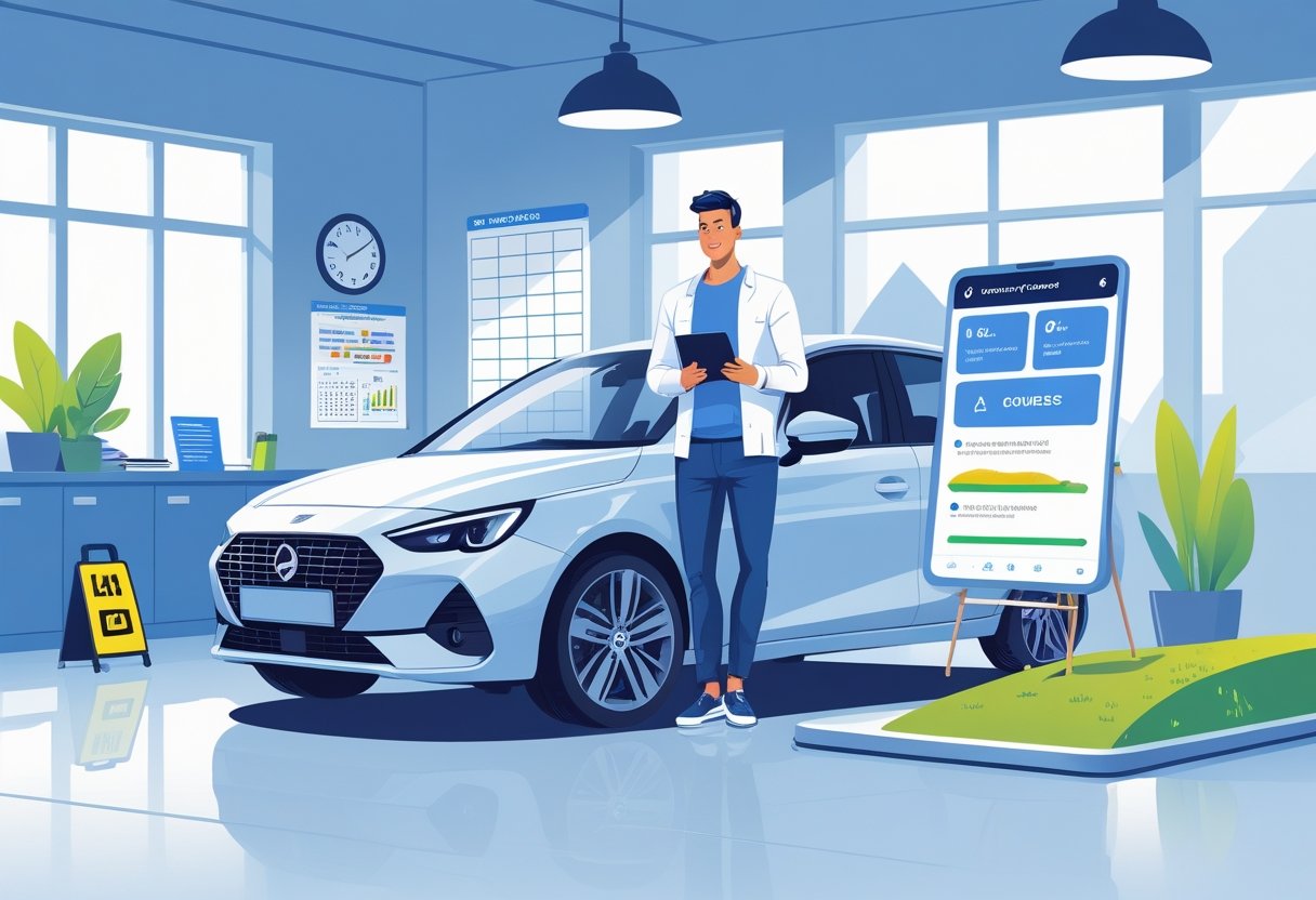 A small business owner standing next to a car in a driving school environment, holding a tablet with driving course information.