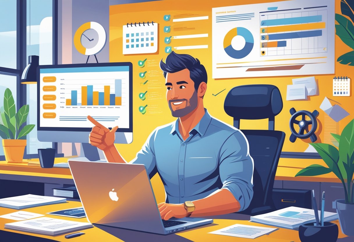 A small business owner working at a desk with a laptop and documents, surrounded by symbols of learning and progress in a modern office.