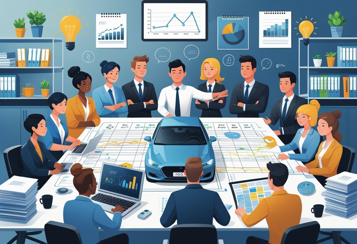 A group of small business owners sitting around a table with paperwork and laptops, being guided by an instructor using a car dashboard and road map to represent planning and overcoming challenges.