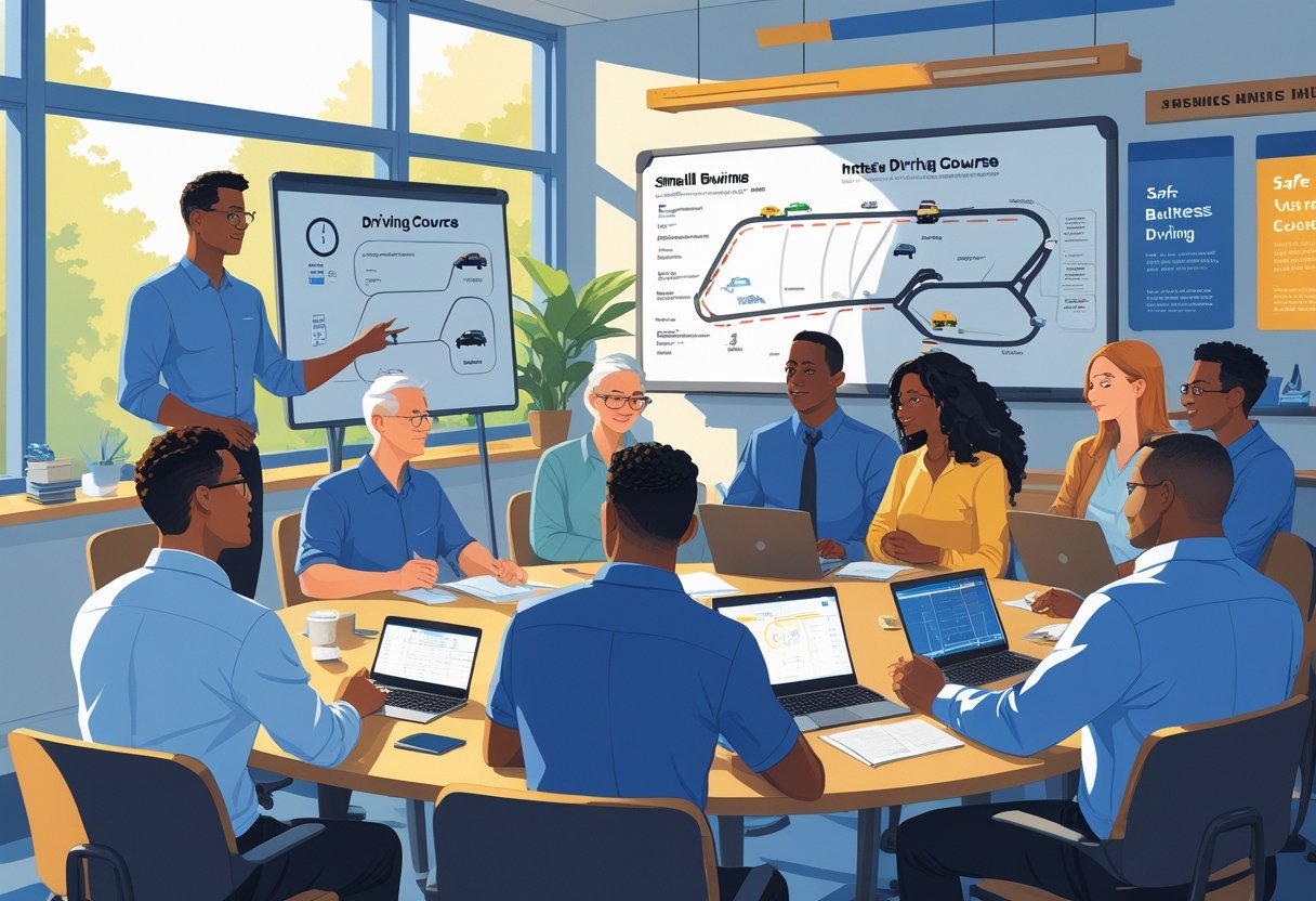 A group of small business owners attentively learning in a driving course classroom with an instructor and a driving simulator.