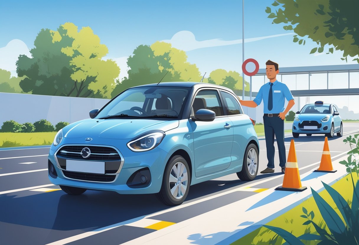 A sole trader driving a car on a training course with a driving instructor observing nearby.