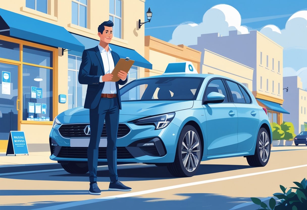 A sole trader standing confidently beside a car in a city setting, holding car keys and a clipboard, with a small business storefront in the background.