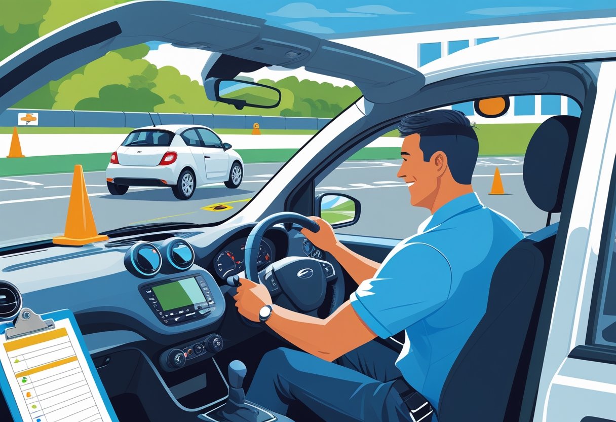 A sole trader taking a driving lesson with an instructor in a car on a driving test track.