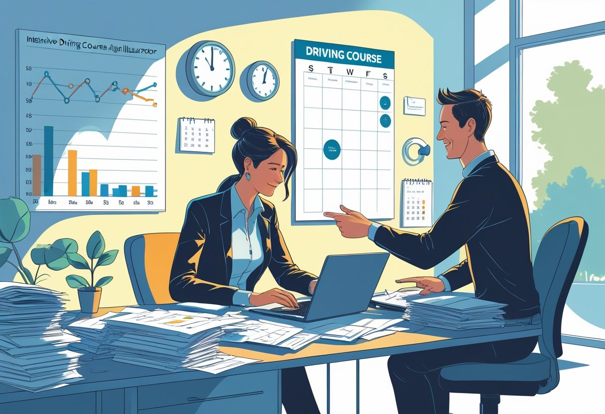 A sole trader working at a desk with paperwork and a laptop, receiving guidance from a driving instructor showing a driving course plan in a bright office.