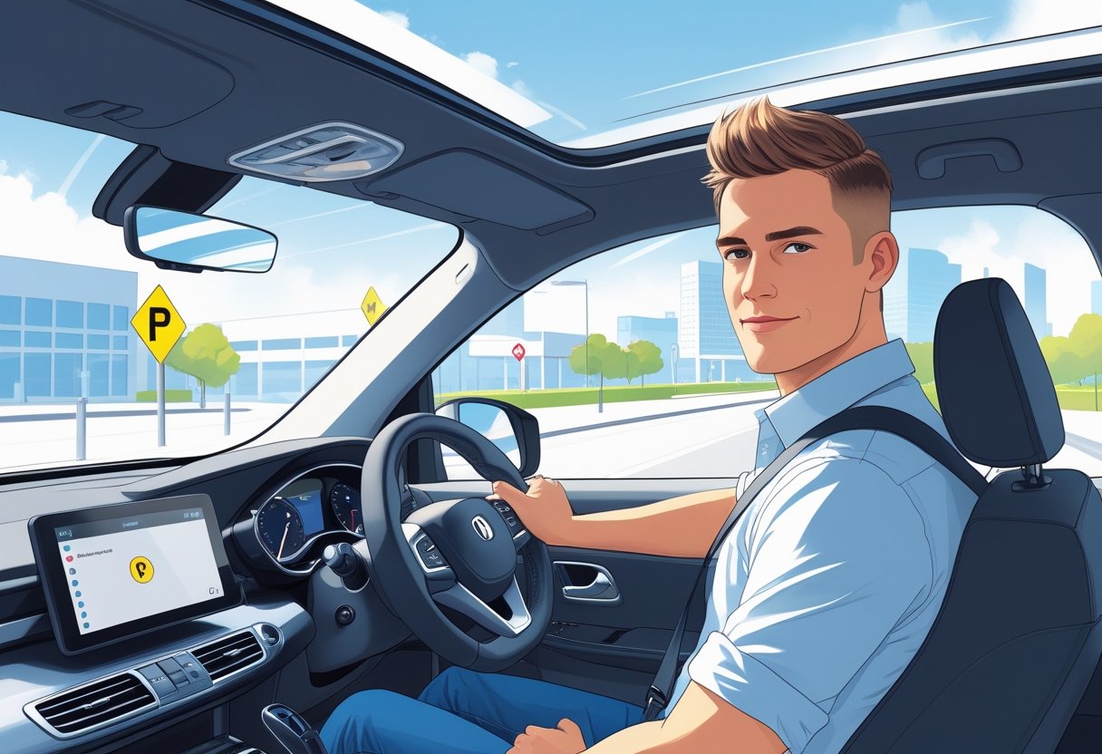 A sole trader driving a car with a driving instructor beside them on a clear urban road.