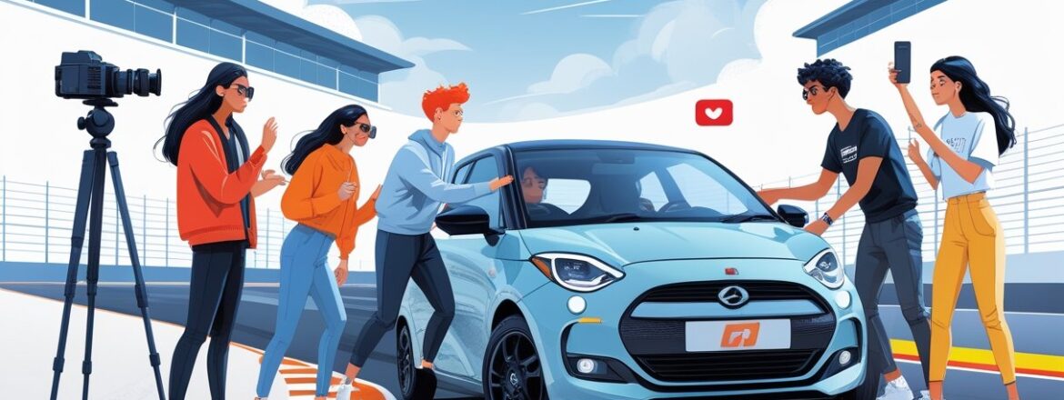 A group of young people learning to drive a car with an instructor in a driving school setting, with a camera recording the session.