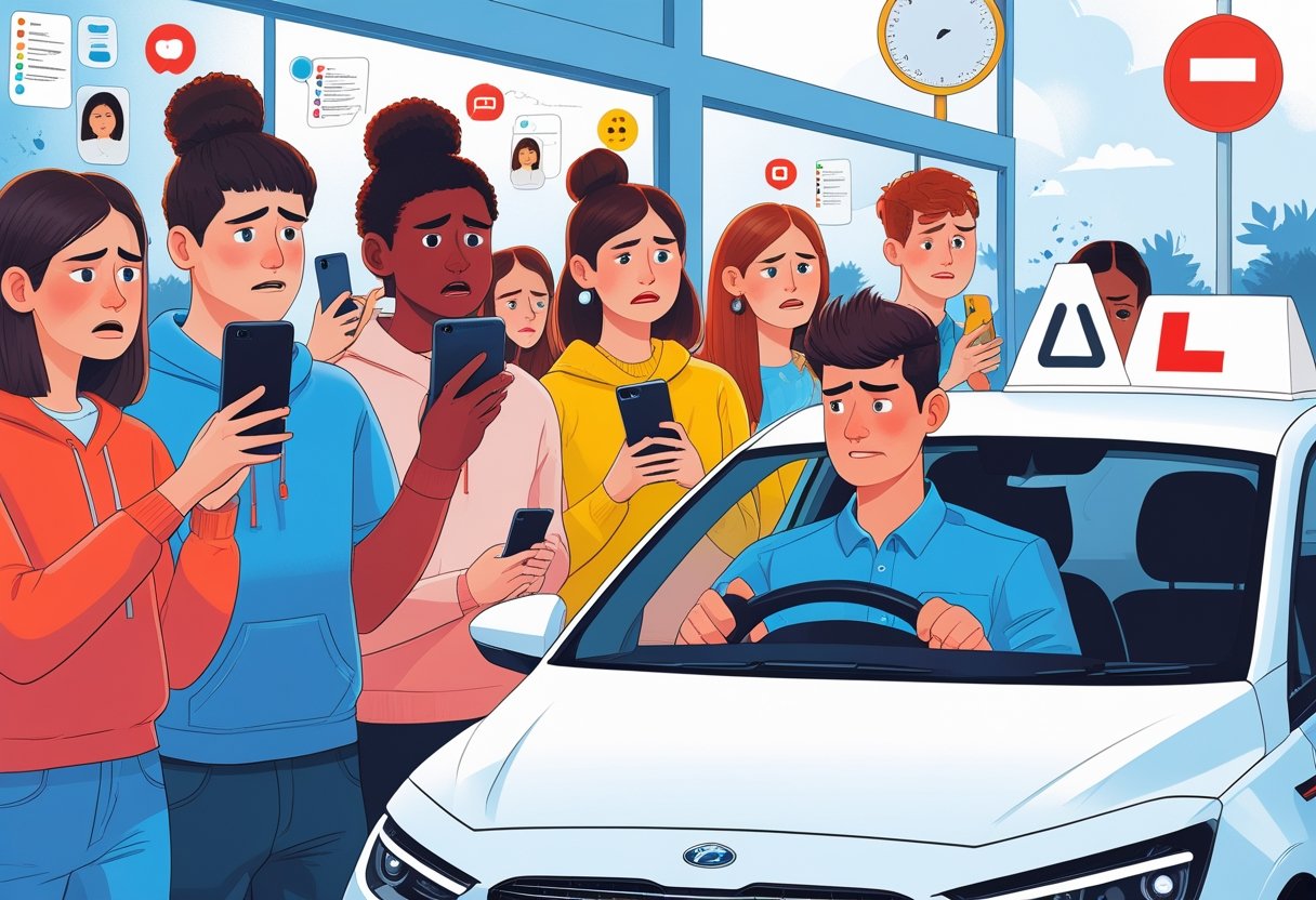 A group of young influencers looking stressed while a driving instructor helps one of them learn to drive in a modern car inside a driving school.
