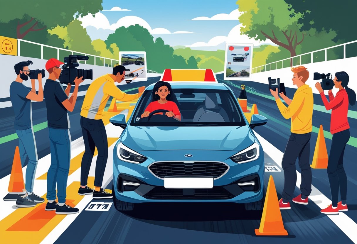 A group of people learning to drive in a driving school with one person driving and others recording the experience with cameras and laptops.