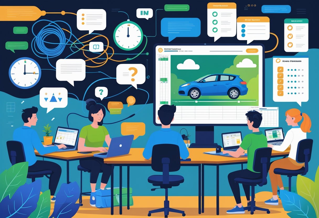 A group of content creators working with laptops and cameras, some looking frustrated, while an instructor guides one creator through a driving course on a screen, surrounded by symbols of challenges and progress.