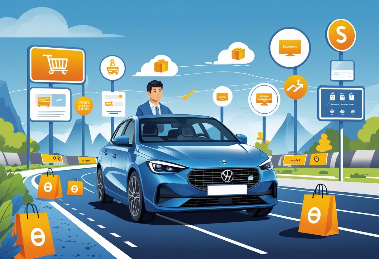 A person driving a car on a training track surrounded by symbols of online shopping and delivery, representing a driving course for e-commerce sellers.