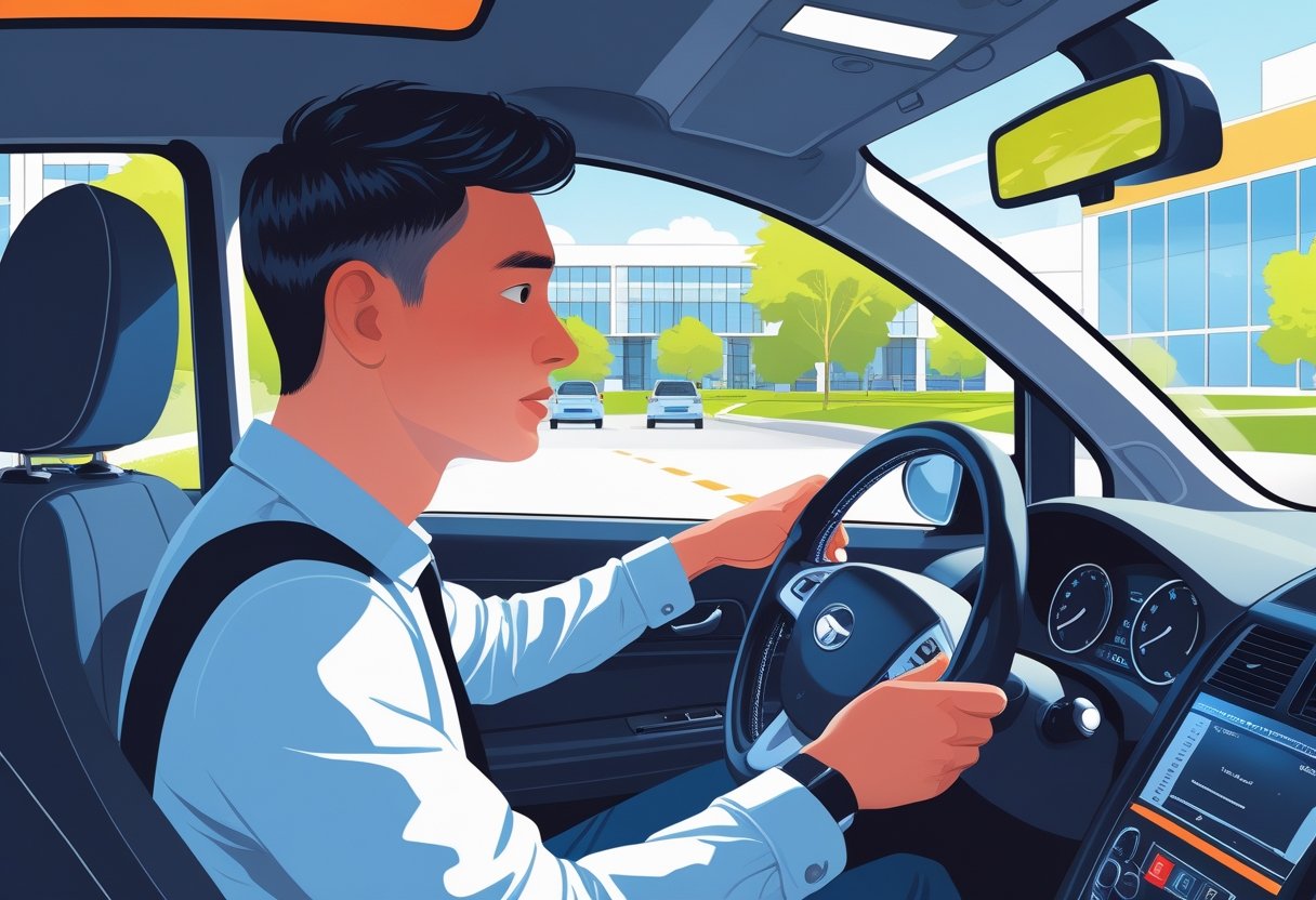 A university student driving a car with a driving instructor beside them, set near a university campus.