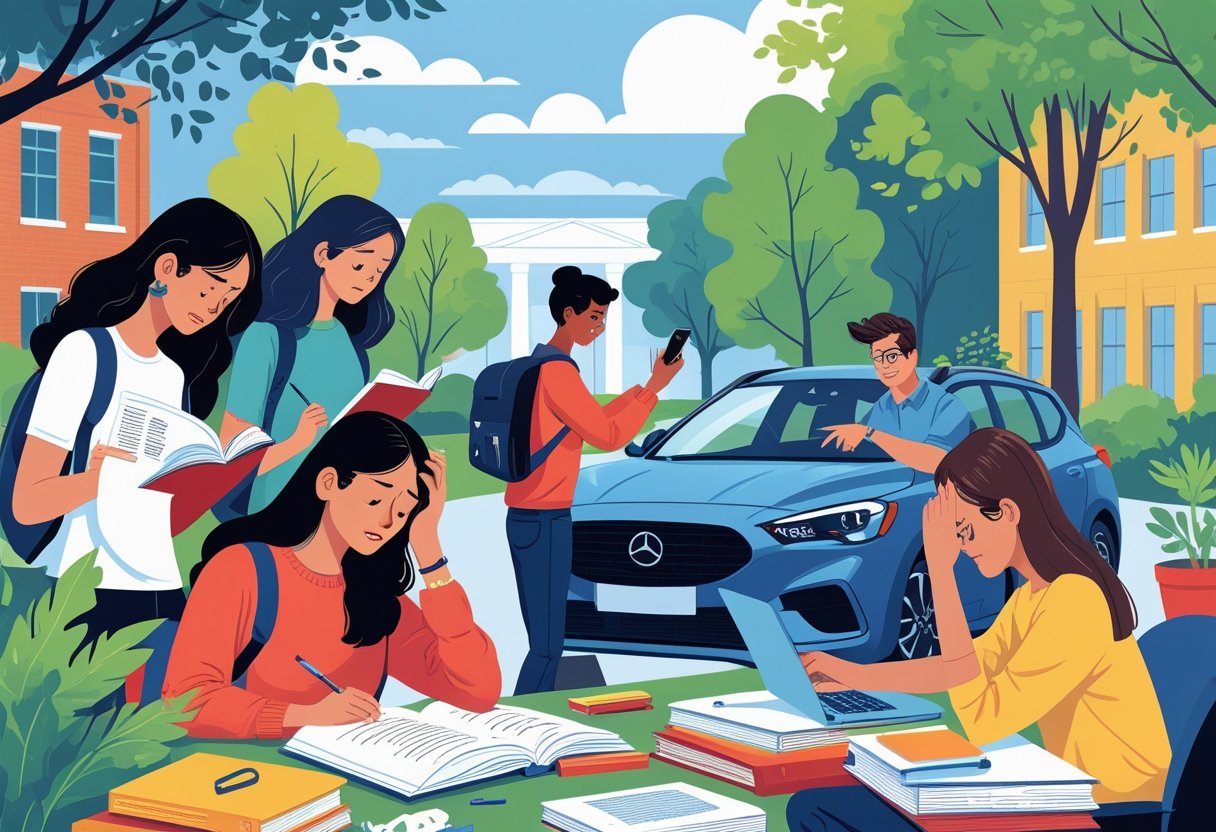 University students studying, feeling stressed, and receiving driving lessons on a campus with a driving instructor helping a student in a car.