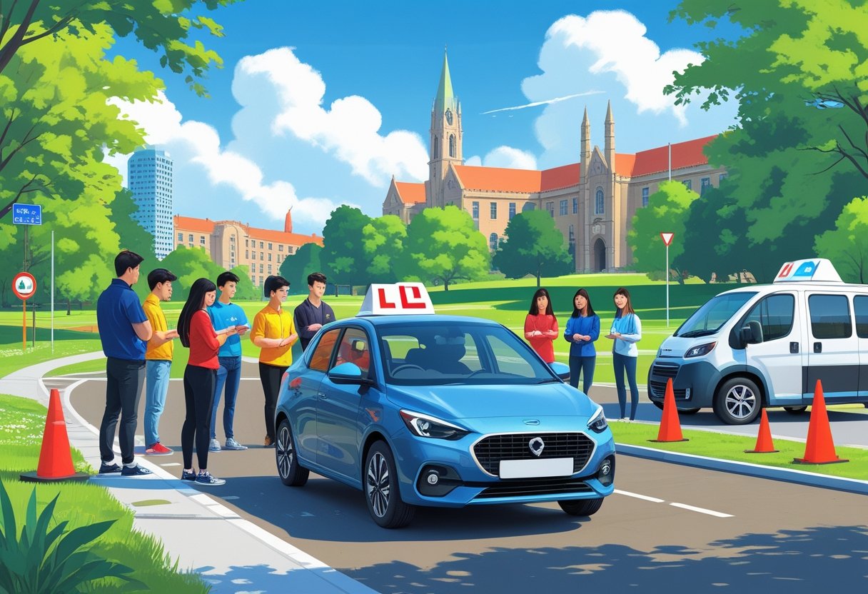 A group of university students learning to drive outdoors with an instructor next to a car near a campus setting.
