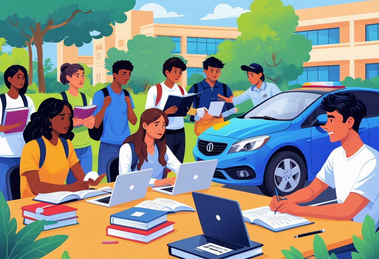 A group of college students studying and receiving guidance, with a driving instructor teaching a student in a car on a college campus.