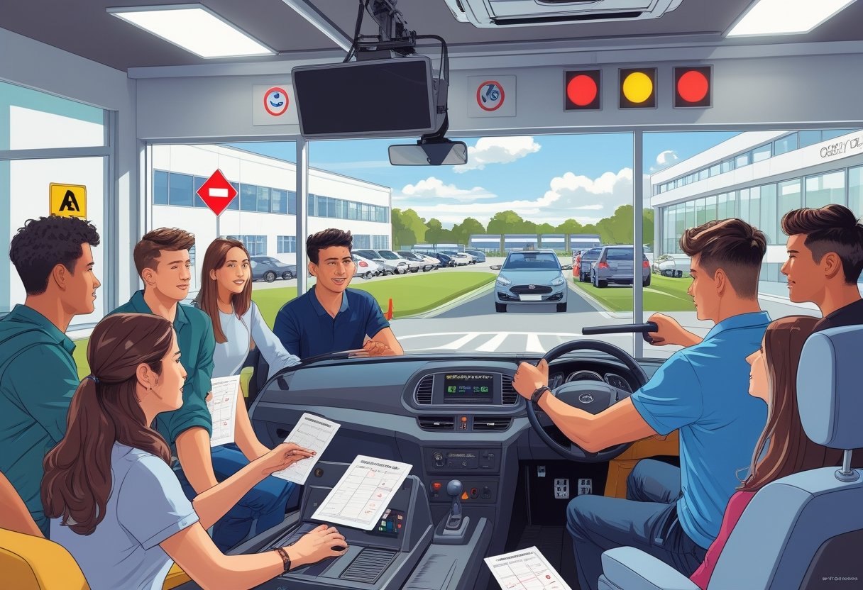 A group of college students learning to drive with an instructor using a car simulator in a bright classroom with driving practice area outside.