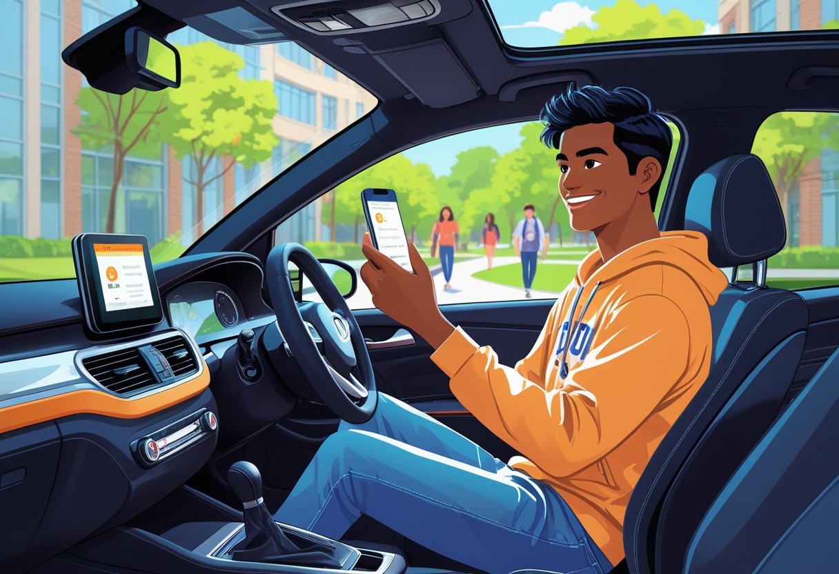 A college student inside a car holding a smartphone showing a driving course app, with a sunny campus visible outside the window.