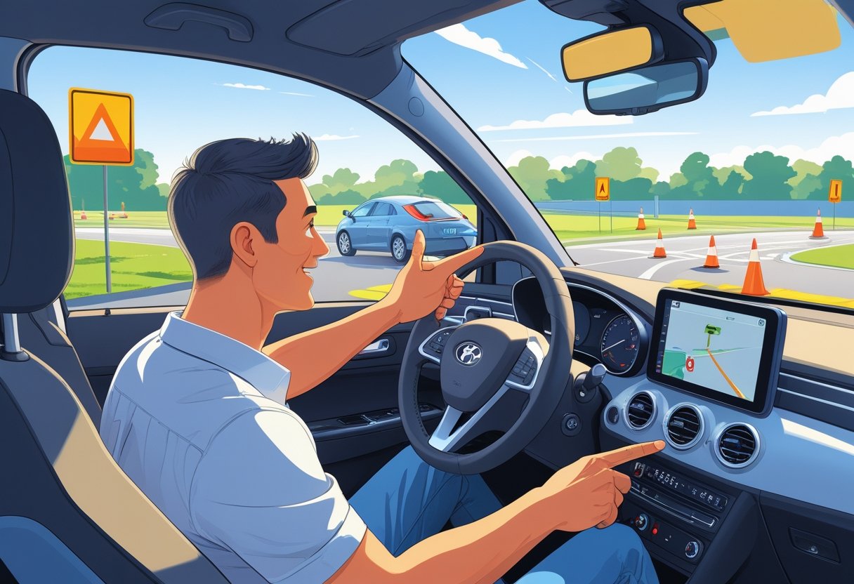 A recent graduate in a car being guided by a driving instructor on a driving course with road signs and cones outside.