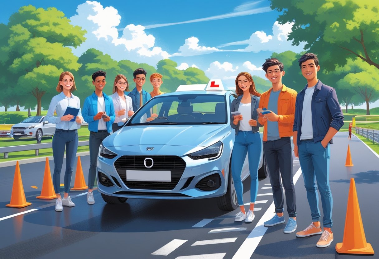 A group of recent graduates standing next to a car on a driving course with an instructor nearby.
