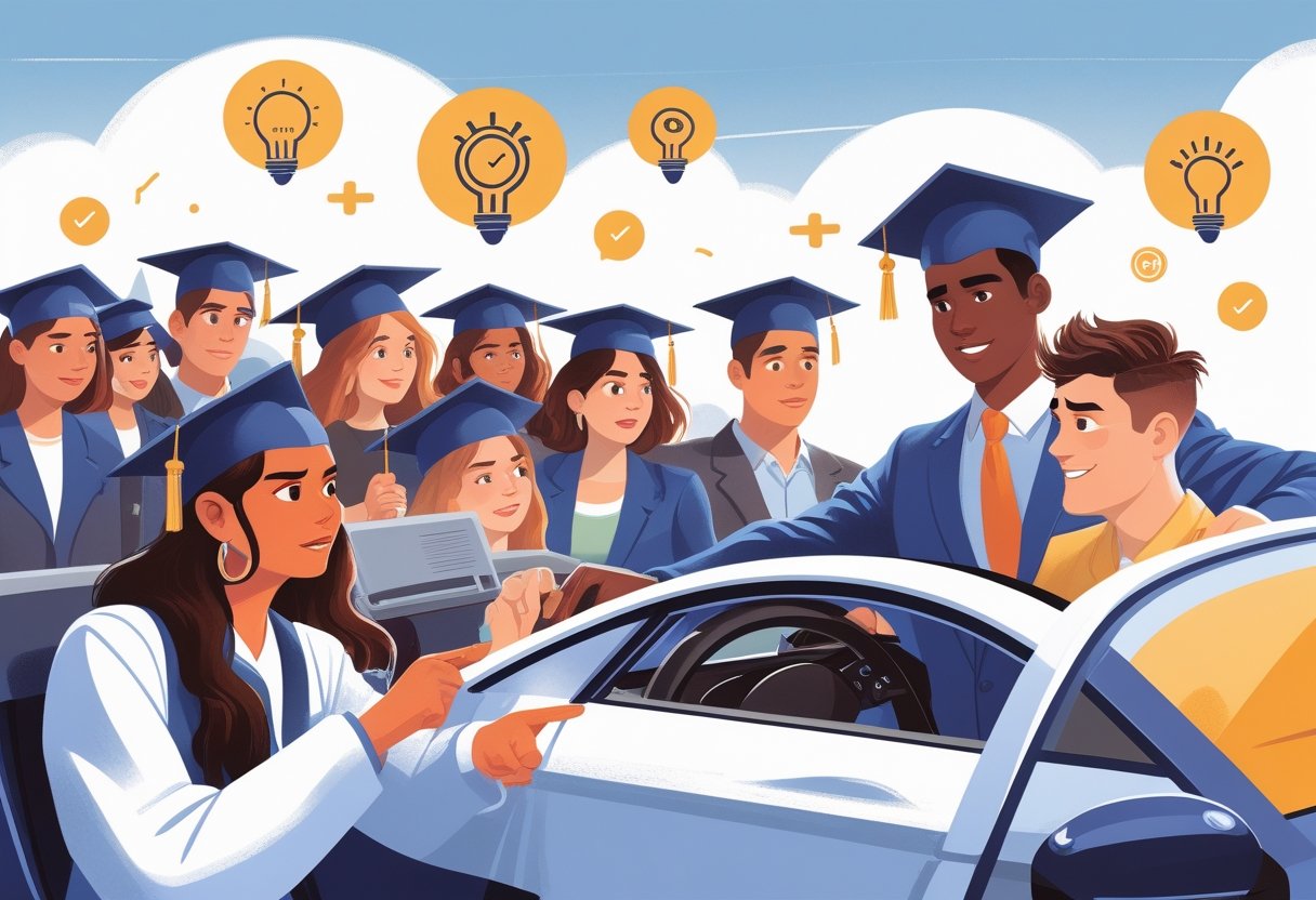 A group of recent graduates with a driving instructor helping one of them learn to drive, surrounded by symbols representing challenges they face after graduation.