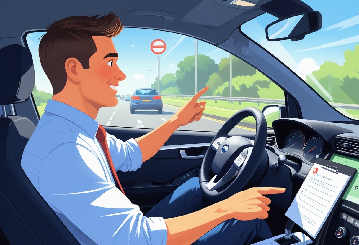 A young adult receiving driving instruction from an instructor inside a car on a quiet suburban road.