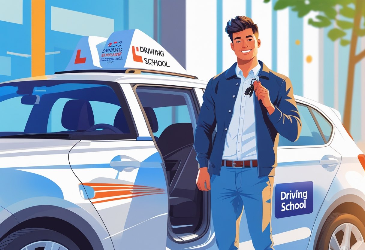 A recent graduate standing next to a driving school car holding car keys, ready to start an intensive driving course.