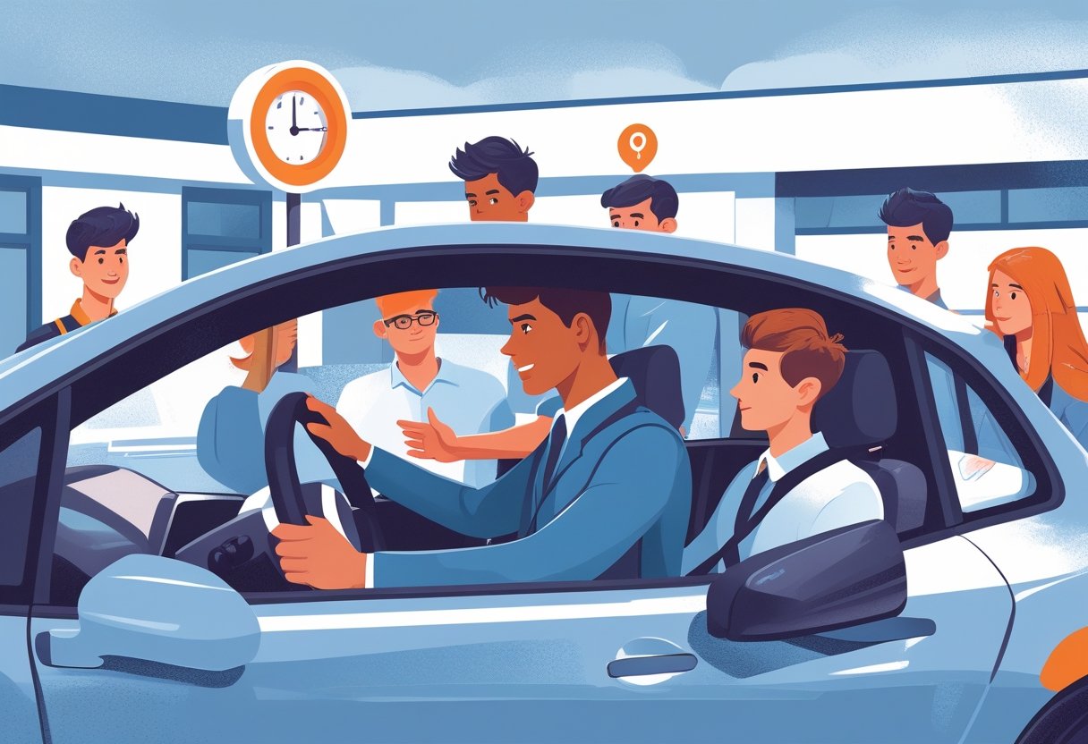 A driving instructor guiding a young apprentice inside a car, surrounded by symbols of learning and support in a driving school setting.