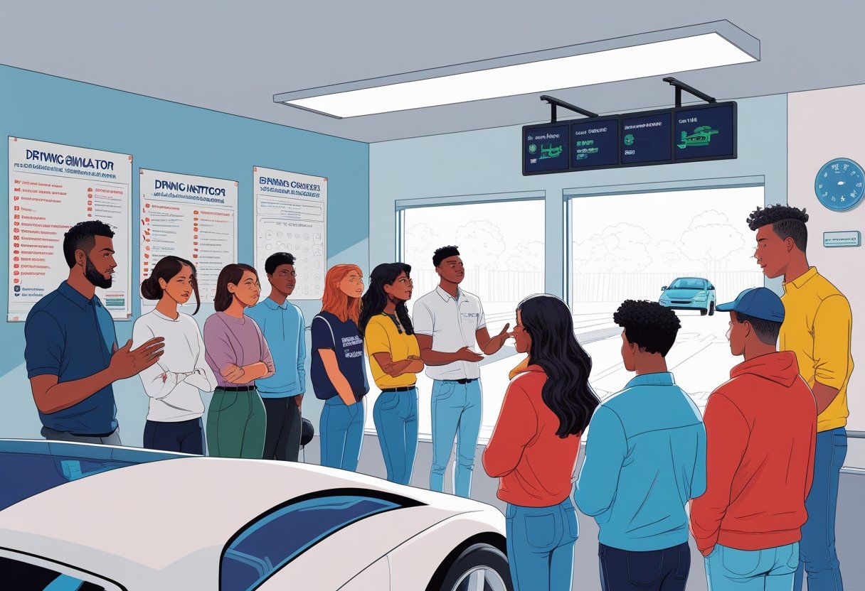 A group of young adults learning driving skills from an instructor in a driving school setting.