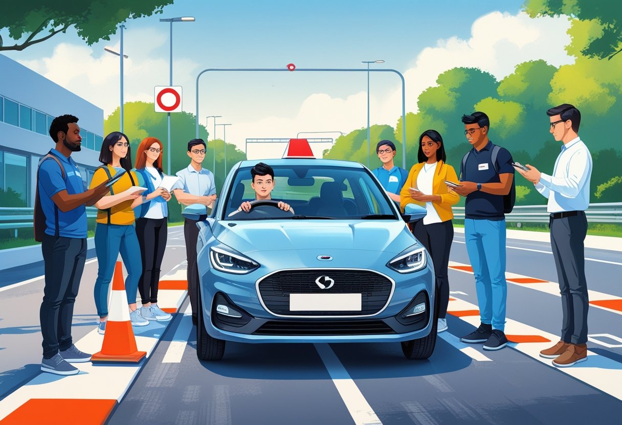 A group of part-time workers learning to drive with an instructor at a driving school, practicing in a car on a marked urban driving course.