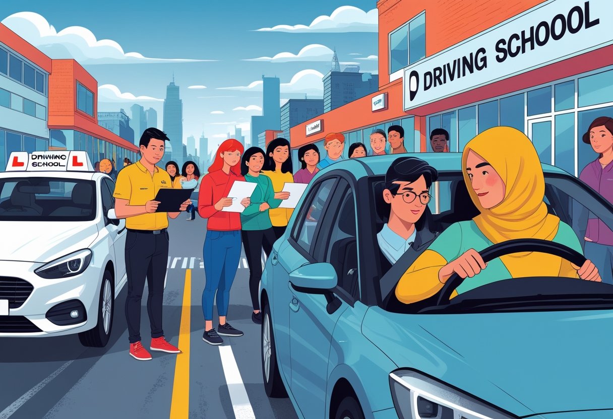 A group of part-time workers participating in a driving lesson with an instructor in a driving school setting.