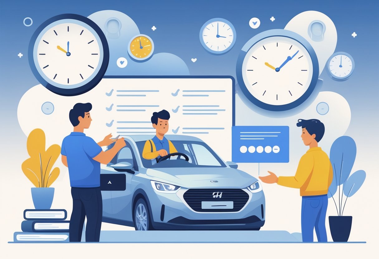 A group of part-time workers with an instructor teaching a learner driving skills in a car, showing a supportive and focused learning environment.