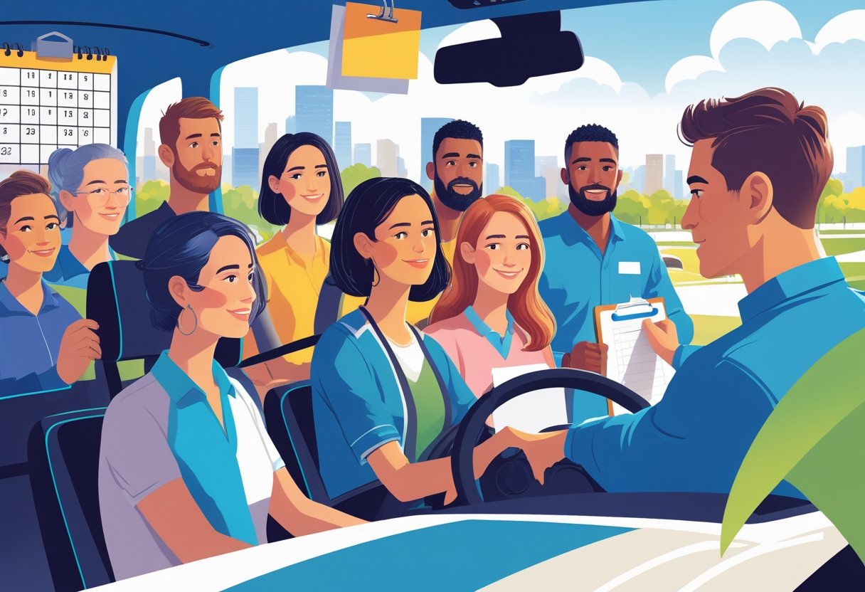 Adults learning to drive in a driving school with an instructor guiding a learner in a car, surrounded by symbols of career change and learning.