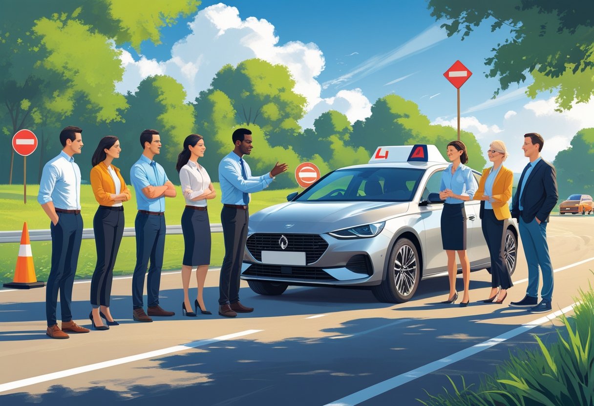 A group of adults receiving driving instruction outdoors around a car, with an instructor guiding them on a driving course.