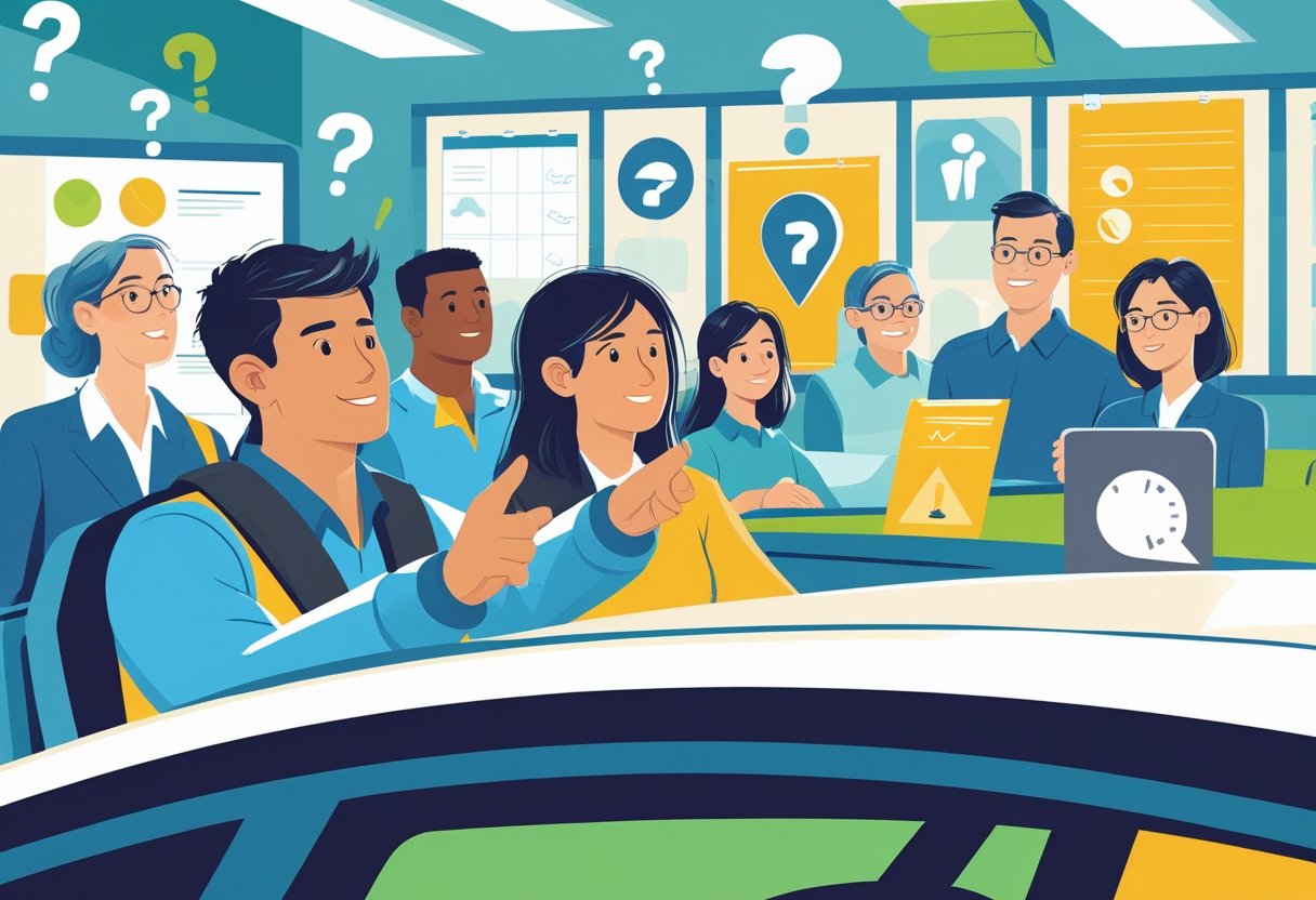 A group of adults learning to drive with an instructor inside a car, surrounded by a classroom setting showing supportive and encouraging elements for career change learners.