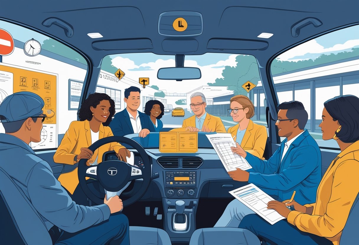 A group of adults learning to drive with an instructor in a driving school setting, practising driving and studying road signs.