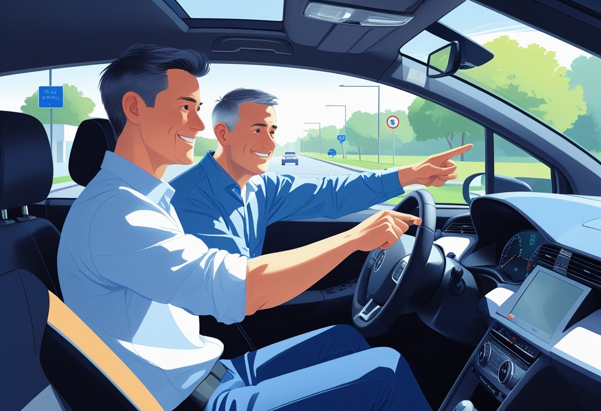 An adult learner driving a car with an instructor beside them on a quiet suburban street.