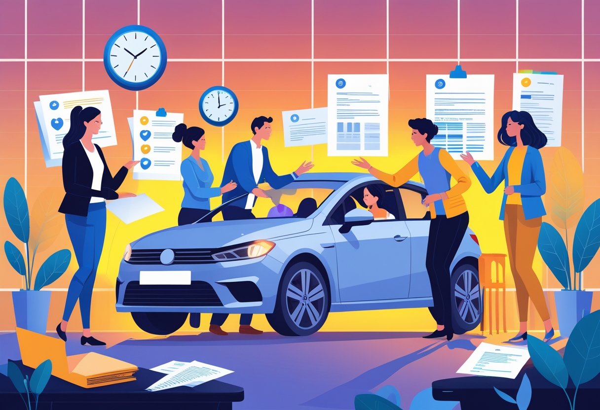A group of adults in a car with a driving instructor, surrounded by symbols of work challenges and support in a modern workplace.