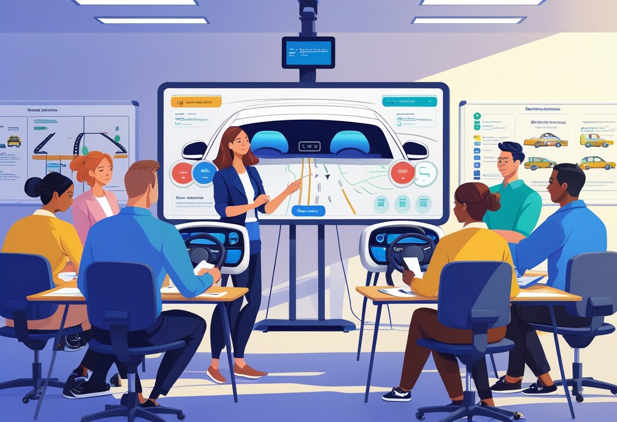 A group of adult learners in a classroom with a driving instructor, using driving simulators and studying road signs and car controls.