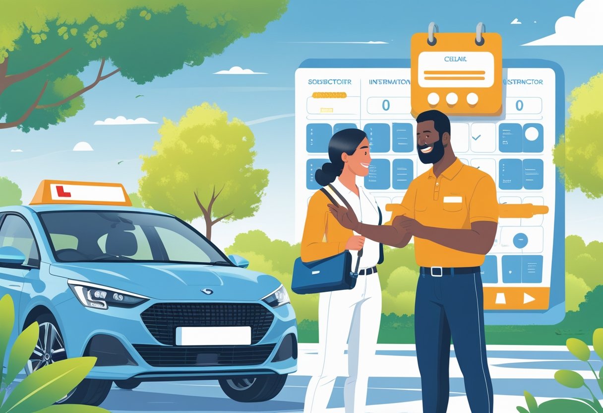 An adult learner driver receiving guidance from a driving instructor beside a car in a bright urban setting with elements suggesting career return and scheduling.