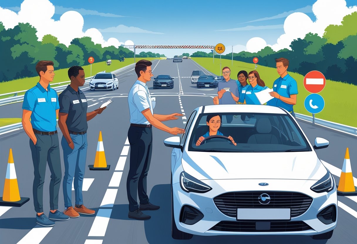 A group of volunteers learning to drive with an instructor on a closed driving track, surrounded by safety cones and road signs.