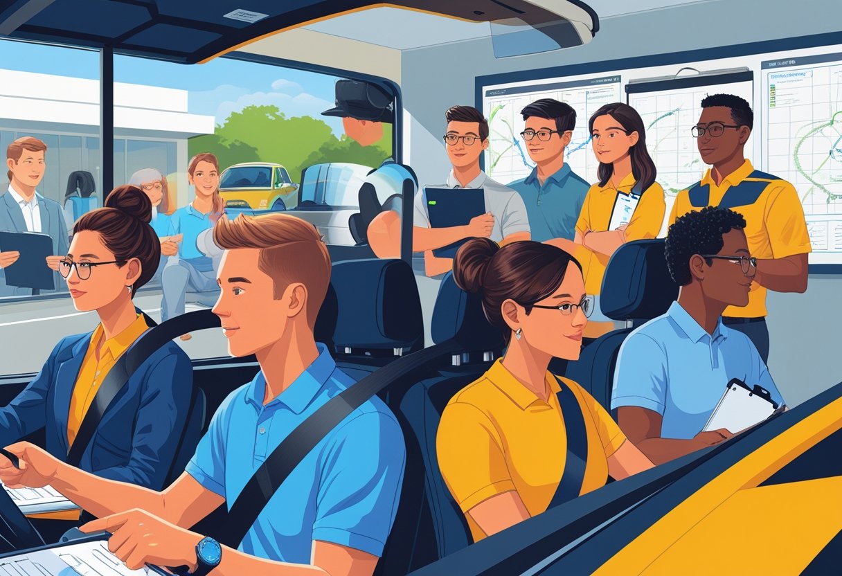 A group of volunteers learning to drive with an instructor in a driving school setting.