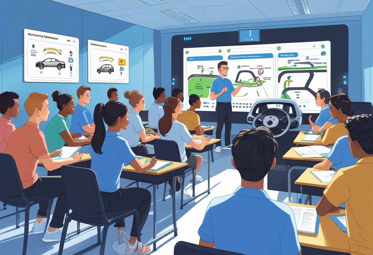 Volunteers in a classroom learning driving skills from an instructor with a driving simulator nearby.