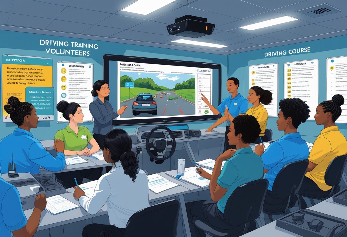 A group of volunteers learning driving skills in a classroom with an instructor and driving simulators.