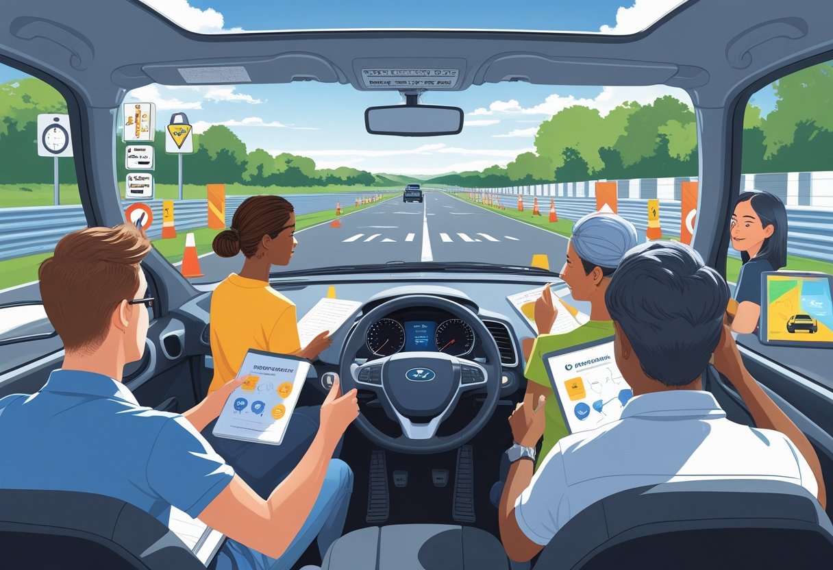 Volunteers participating in a driving course with an instructor guiding a volunteer driving a car while others watch and take notes.