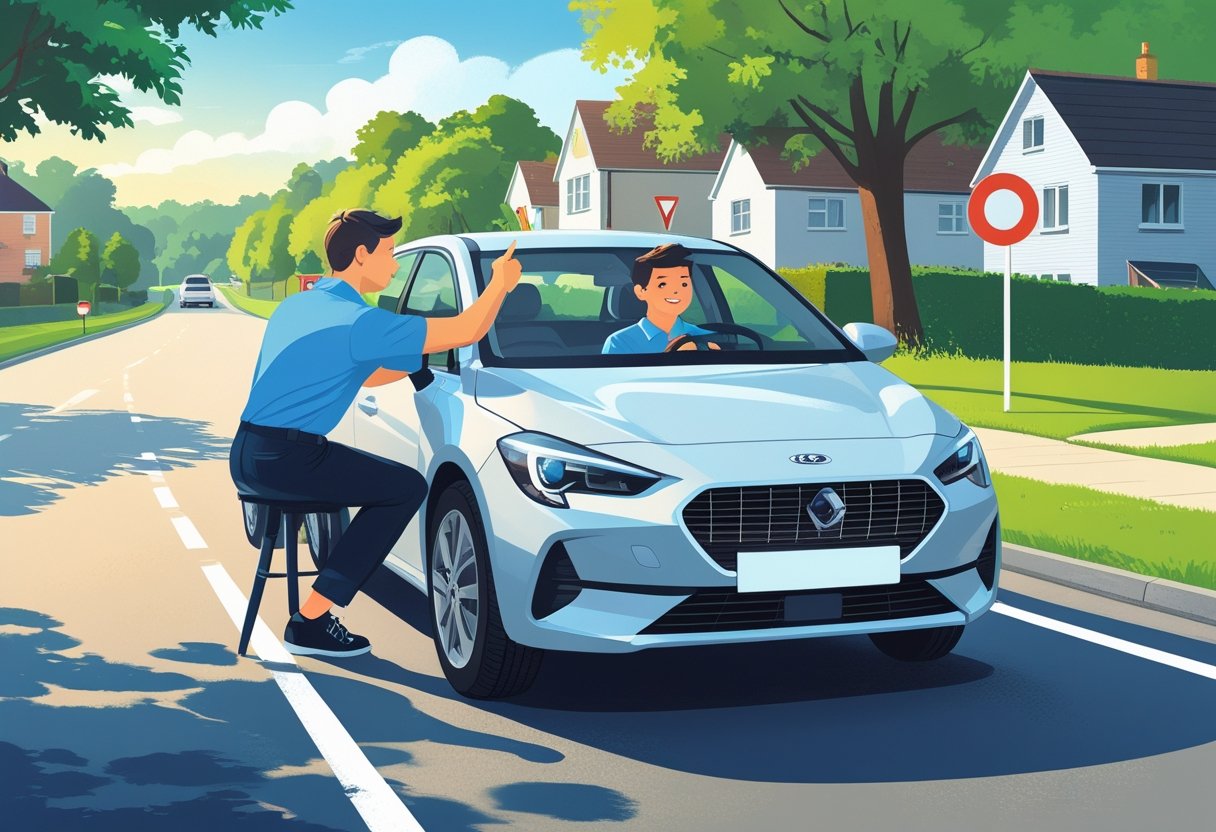 A teenage driver and instructor in a car on a suburban road during a driving lesson.