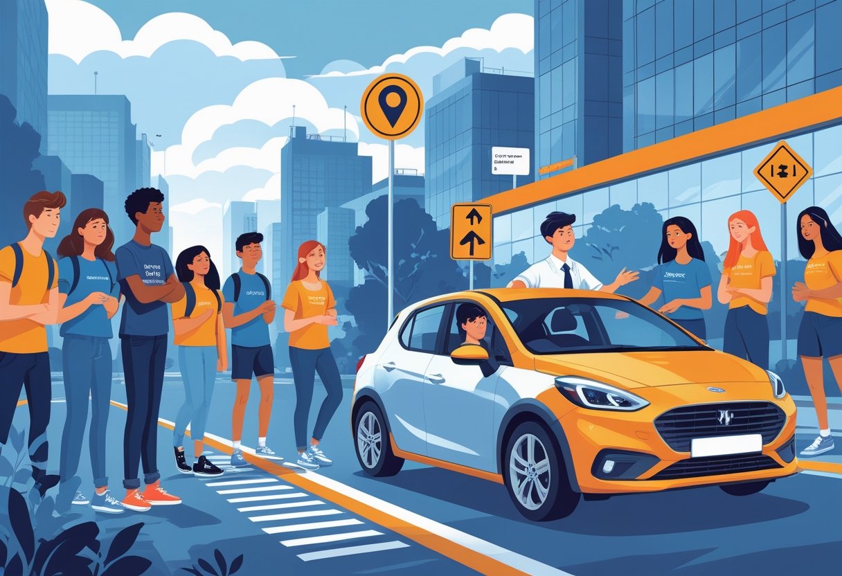 A group of teenagers facing challenges with a driving instructor teaching one of them to drive in a city setting.