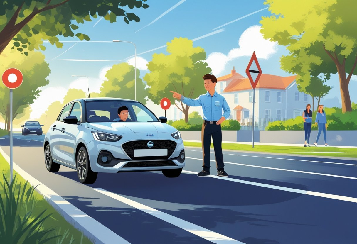 A teenager driving a car with an instructor beside them on a suburban road with road signs and trees in the background.