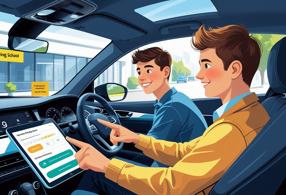 A driving instructor and a teenager sitting inside a car, looking at a tablet while preparing for a driving lesson.