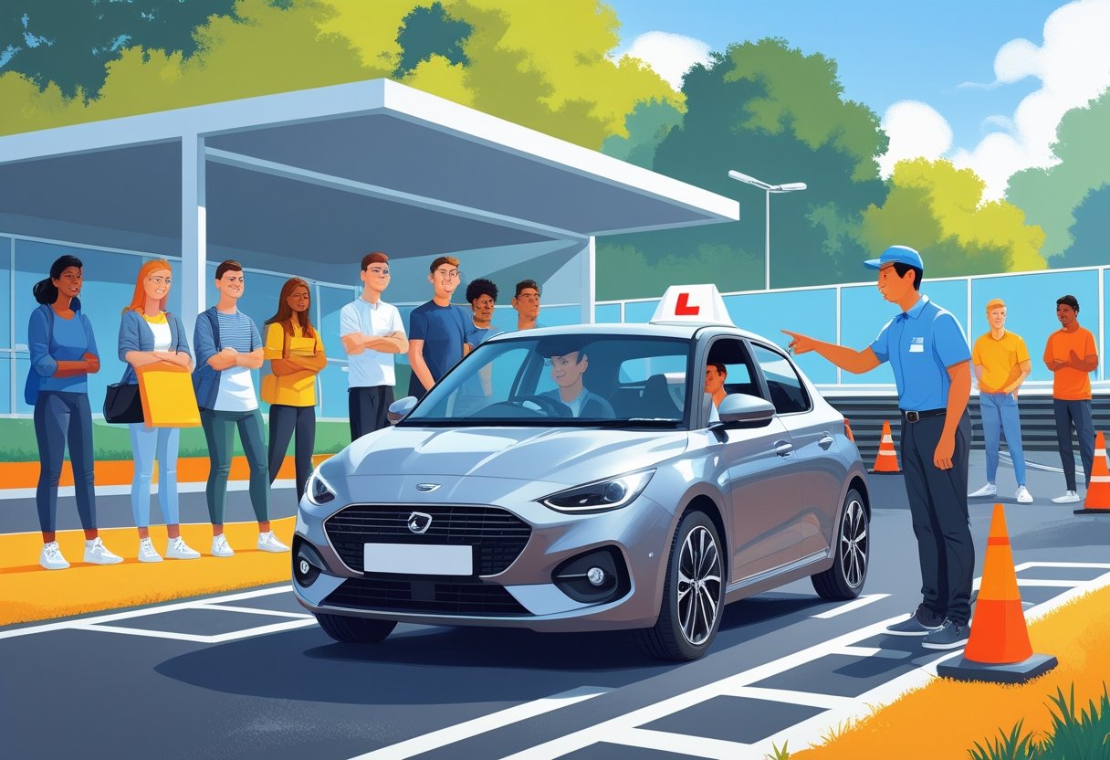 A group of young adults learning to drive with an instructor in a driving school environment.