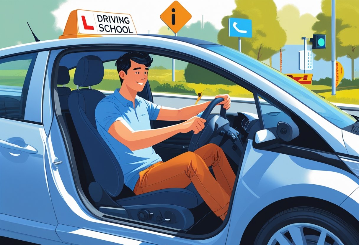 A young adult sitting in the driver's seat of a car with a driving instructor beside them, preparing for a driving lesson on a clear day.