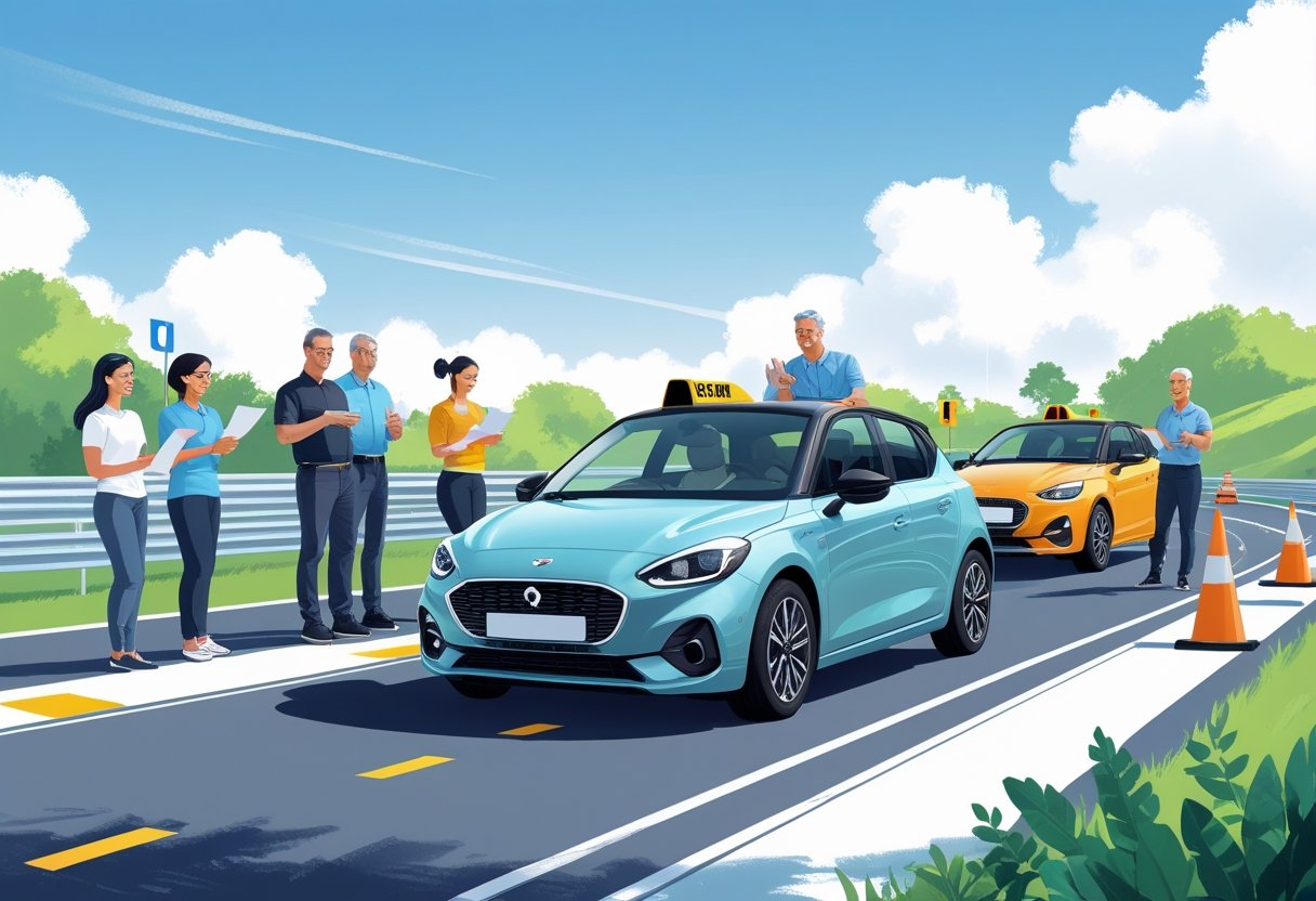 A group of adults in their 30s learning to drive with an instructor on a driving track surrounded by traffic cones and road signs.